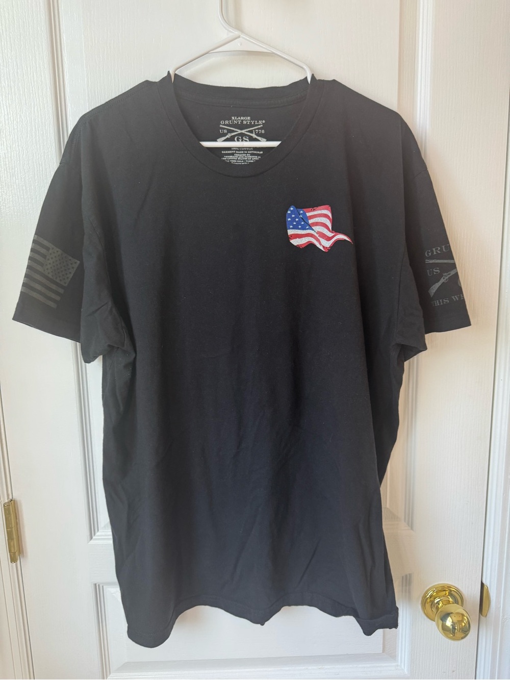 Grunt Style Black Short Sleeve Tee with Small American Flag Patch